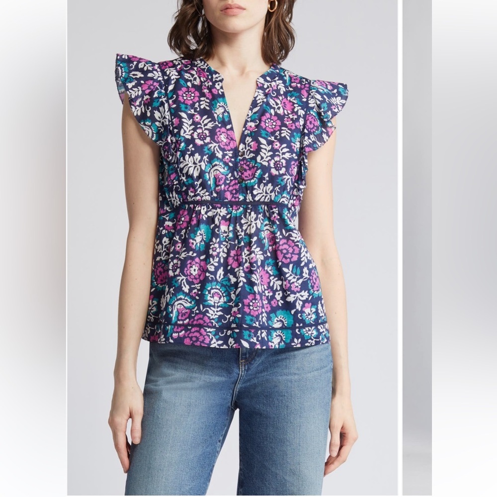Rails Misha‎ floral cotton top shirt blouse woodblock floral Small EUC